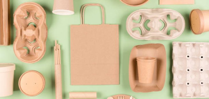 Eco tableware, paper utensils and wooden bamboo cutlery set over light green background. Flat lay style. Sustainable food packaging concept